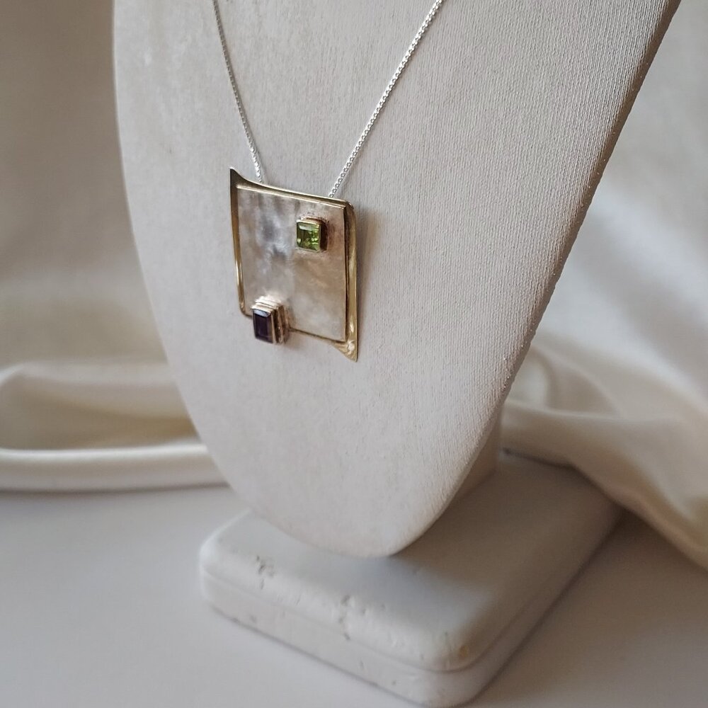 Modern 925 Sterling silver pendant with gold vermeil and 2 gemstones